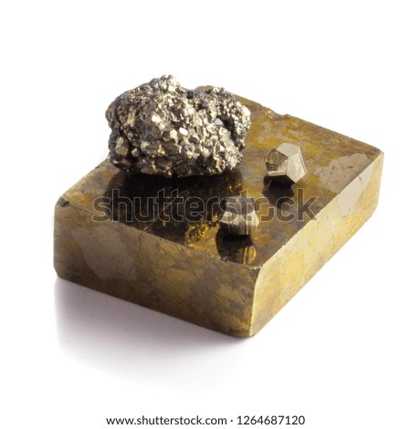 Several types of natural pyrite cube and druze on white background