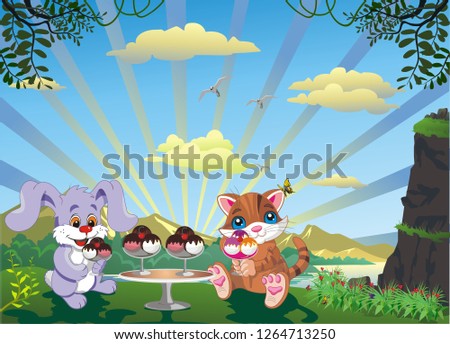 Picture - Kitten And Bunny With Ice Cream Outdoors