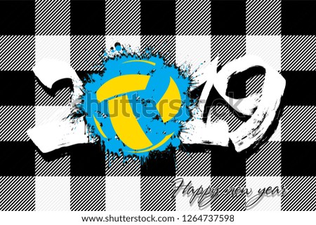Abstract number 2019 and a volleyball ball from blots. 2019 New Year on the background of the Scottish pattern tartan. Design pattern for greeting card. Grunge style. Vector illustration
