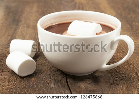 hot chocolate with marshmallows on a wooden background