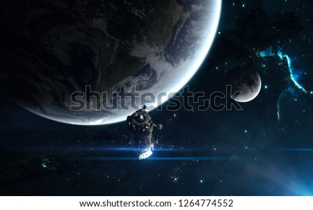 Earth, Moon, space station, star clusters, nebula. Science fiction art. Image in 5K for desktop wallpaper. Elements of the image were furnished by NASA