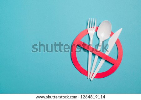 Say No to Plastic Cutlery, Plastic Pollution and Environmental Protection Concept, Top View