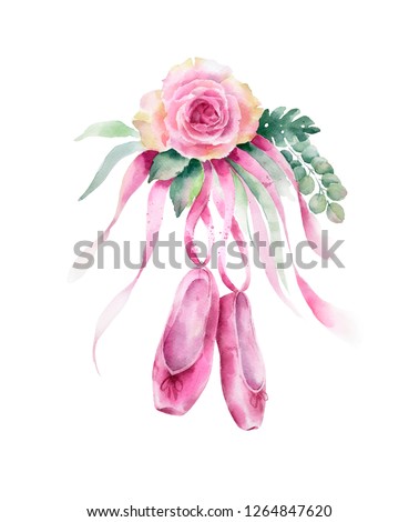 Ballet slippers with flowers and leaves. Watercolor hand painted illustration isolated on white background.Ballet series.
