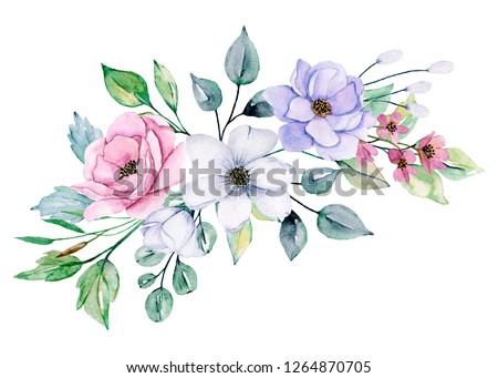 Watercolor spring flowers, blossom pink and blue peonies. Floral clip art. Perfectly for printing design on invitations, cards, wall art and other. Isolated on white background. Hand painted.