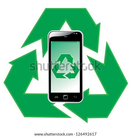 Smart Phone Black. Recycling logo as a backdrop.concept recycle.