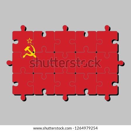 Jigsaw puzzle of Soviet Union flag, a plain red flag with a golden hammer and sickle and a gold-bordered red star in its upper canton. Concept of Fulfillment or perfection.