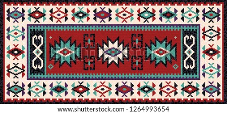 Colorful oriental mosaic kilim rug with a traditional geometric ornaments. Patterned carpet with a border frame. Cross stitch template. Vector 10 EPS illustration. Royalty-Free Stock Photo #1264993654