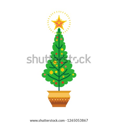 New Year and Christmas tree in cartoon design. Decorated pine tree with balls, ribbon and star. Christmas spruce vector illustration. Xmas fir-tree