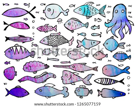 Watercolor doodle fishes isolated on white background. Flock of sketched fish pictograms collection
