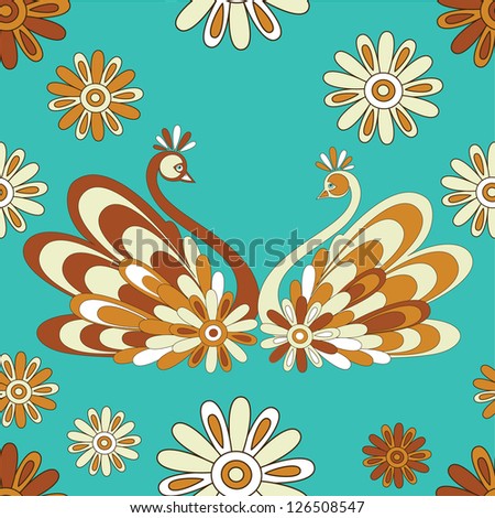 Vector seamless pattern with two decorative swans on flourishes background