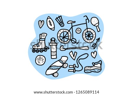  Healthy lifestyle tools,  symbols in doodle style. Sport activities.Fitness vector concept.