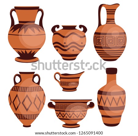 Ancient greek vases. Ancient decorative pots isolated on white background, old antique clay greece pottery ceramic bowls vector illustration. Royalty-Free Stock Photo #1265091400