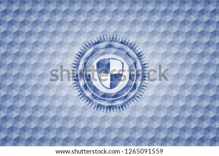 shield, safety icon inside blue emblem or badge with abstract geometric pattern background.
