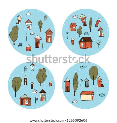 Set of round badges of vector houses, trees and clouds. Circle composition in doodle style.