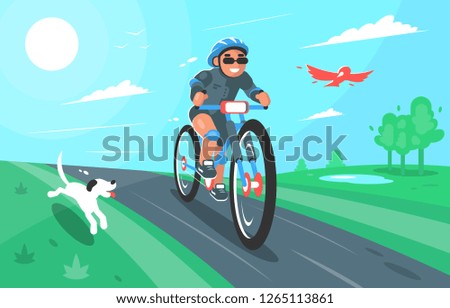 Vector cartoon illustration of a cyclist. Character design. Nature, summer, landscape