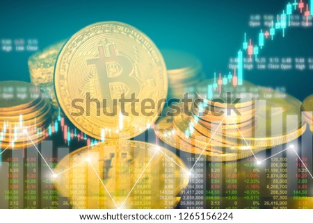 business golden coin digital currency on stock market financial positive indicator background. Double exposure growth futuristic chart bitcoin money investment . investor cryptocurrency data concept.