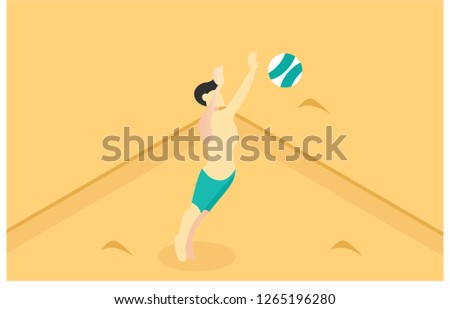 isometric illustration of hitting beach volleyball position, web landing, flat design, vector illustration