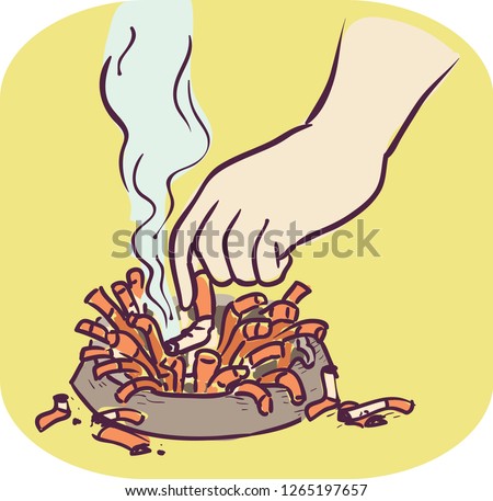 Illustration of a Hand Putting Out a Cigarette on an Ash Tray Full of Cigarette Butts