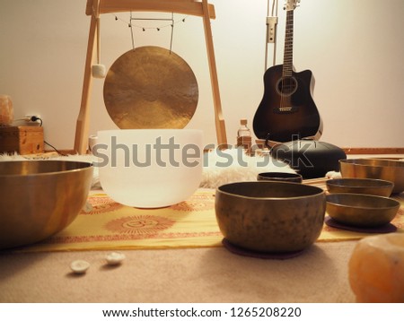 Tibetan singing bowls, sound of healing, Meditation and relax, sound bath, setting for sound bath. Royalty-Free Stock Photo #1265208220