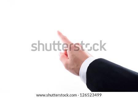 RIGHT HAND IN SUIT POINTING WITH ISOLATED WHITE BACKGROUND