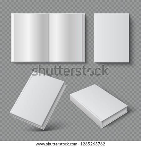 Realistic book cover. Blank brochure cover mockup, white paperback surface, empty textbook magazine catalog. Isolated 3D vector set