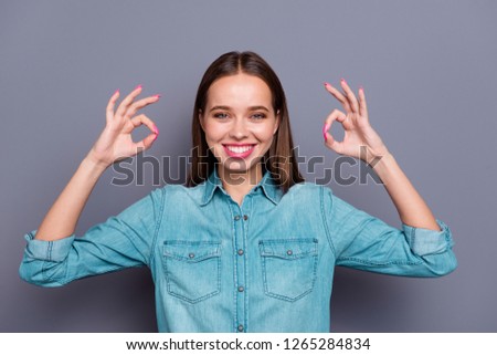 Close up photo of gorgeous good-looking good-dressed lady with her white smile brunette hair she isolated on gray background show ok-sign on two hands