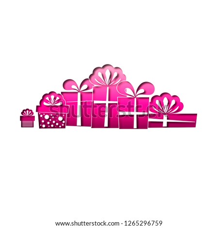 Gifts in paper cut style. Design for decoration in pink. Vector illustration