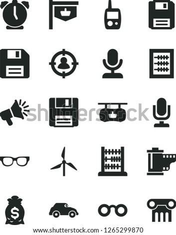 Solid Black Vector Icon Set - desktop microphone vector, floppy disk, camera roll, new abacus, toy mobile phone, alarm clock, windmill, retro car, vintage sign, antique advertising signboard, column
