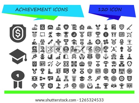  achievement icon set. 120 filled achievement icons. Simple modern icons about  - Shield, Badge, Mortarboard, Achievement, Certificate, Cap, Goal, Medal, Diploma, Baton, Trophy