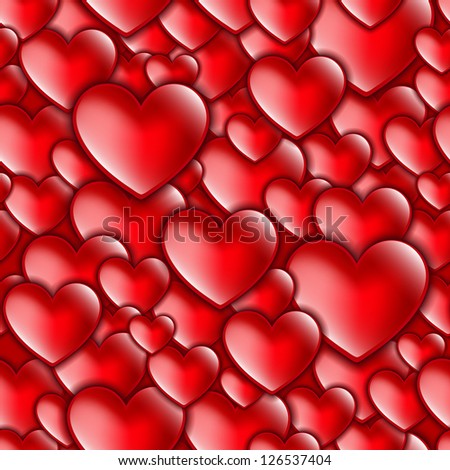 Seamlessly repeatable background depicting many shiny overlapping hearts. Raster.