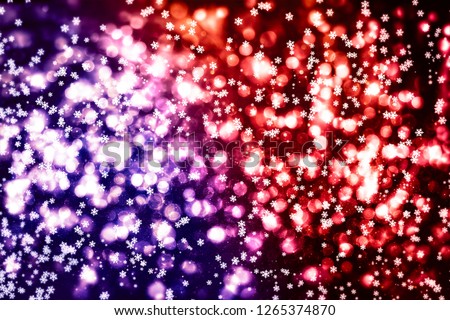 Christmas background. Subtle flying snow flakes and stars on dark blue night background. Beauteous winter silver snowflake overlay template.