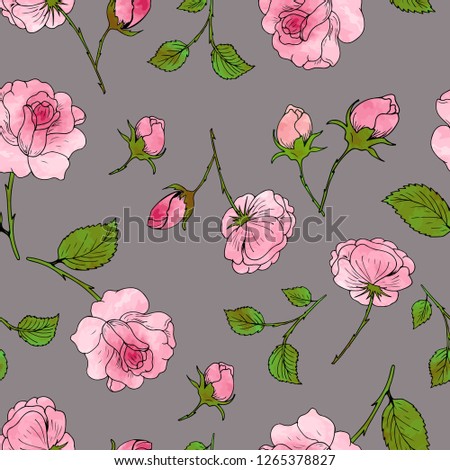 Pattern of roses, buds and leaves on a gray background. Vector