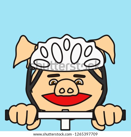emoticon or emoji of mountain biker fat pig that is riding a bicycle in protective helmet while holding handlebars of a bike, well-fed piggy drawing, pork personage with thin outlines