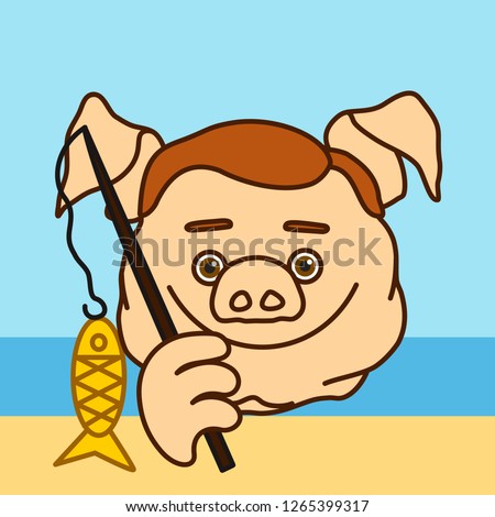 emoticon or emoji of happy fisherman fat pig that fished some fish with his fishing pole at the river bank, well-fed piggy drawing, pork personage with thin outlines, funny porky cartoon character