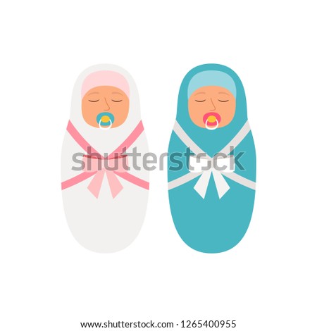 Girl and boy babies. Beautiful newborn baby vector illustration, pink girl and blue boy innocent little children isolated on white