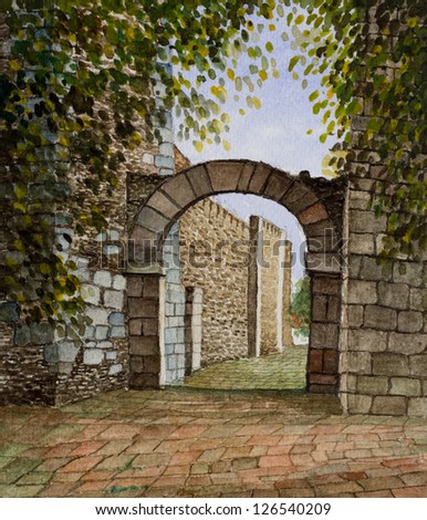 Roman Arch, "Portas de Evora" watercolor painting - Alentejo, Portugal