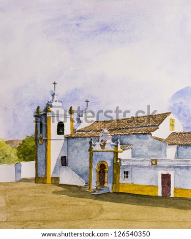 XVI century church watercolor painting - Algarve, Portugal