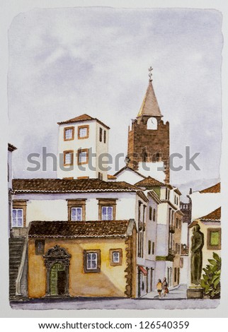 South side of the Cathedral Tower, Madeira Island, Portugal - watercolor painting reproduction