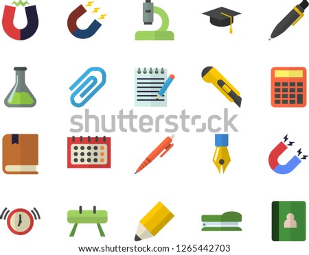 Color flat icon set stationery knife flat vector, chemistry, magnet, calendar, microscope, clip, ink pen, pencil, stapler, notepad, bachelor cap, textbook, calculator, sports equipment horse