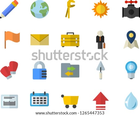 Color flat icon set trowel flat vector, tool, bag, sun, main pipeline, lamp, grocery trolley, flag, calendar, barcode, businessman, pencil, boxing gloves, earth fector, location, upload, envelope