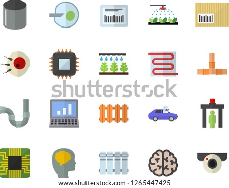 Color flat icon set pipes flat vector, warm floor, heating batteries, sprinkling machine, autopilot, pipe production, motherboard, barcode, artificial insemination, computer, brain, fector