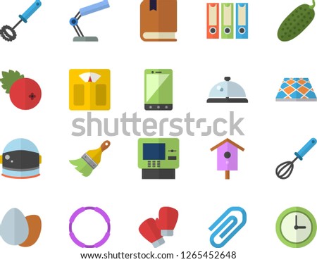 Color flat icon set paint brush flat vector, flooring, whisk, egg, cucumber, cranberry, nesting box, clip, reading lamp, textbook, folders for papers, astronaut helmet fector, weighing machine, hoop