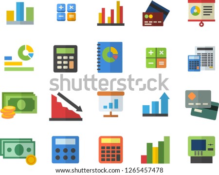 Color flat icon set calculator flat vector, crisis, chart, cash, credit card, statistics, book balance accounting, statistic, achievement, fector, dispenser