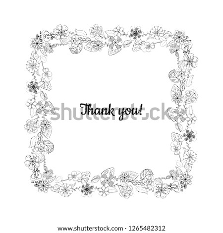 square floral monochrome wreath isolated on white background, thank you phrase