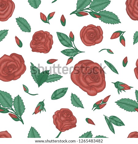 Colored seamless pattern with roses. Engraving style floral background. Hand drawn illustration
