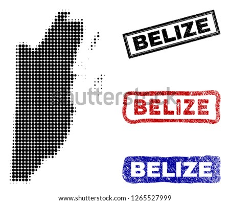 Halftone dot vector abstracted Belize map and isolated black, red, blue grunge stamp seals. Belize map title inside draft rectangle frames and with corroded rubber texture.