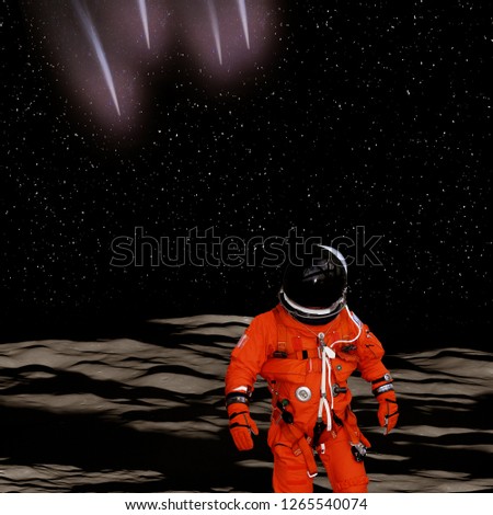 Astronaut makes steps on the alien planet ground. The elements of this image furnished by NASA.
