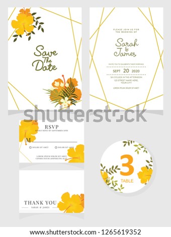 wedding invitation card template Vector illustration. Set of card with flower rose  leaves.