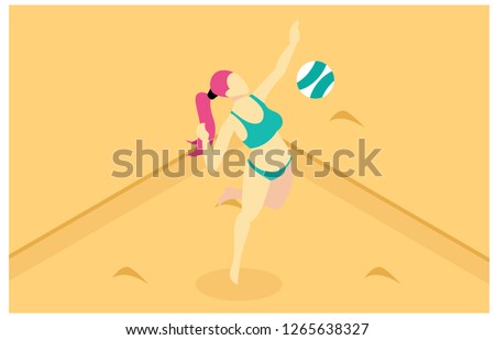 Isometric illustrations pose hitting volleyball on the beach, landing web, flat design, brochure, vector illustration