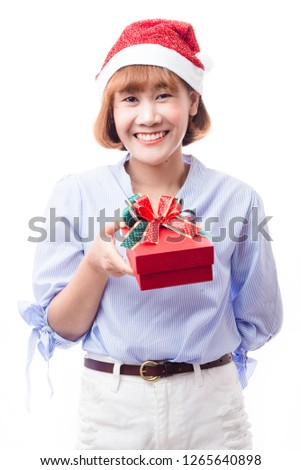 Happy beautiful woman holding gift box isolated on white background. Holiday concept. New year 2019. Red gift box.